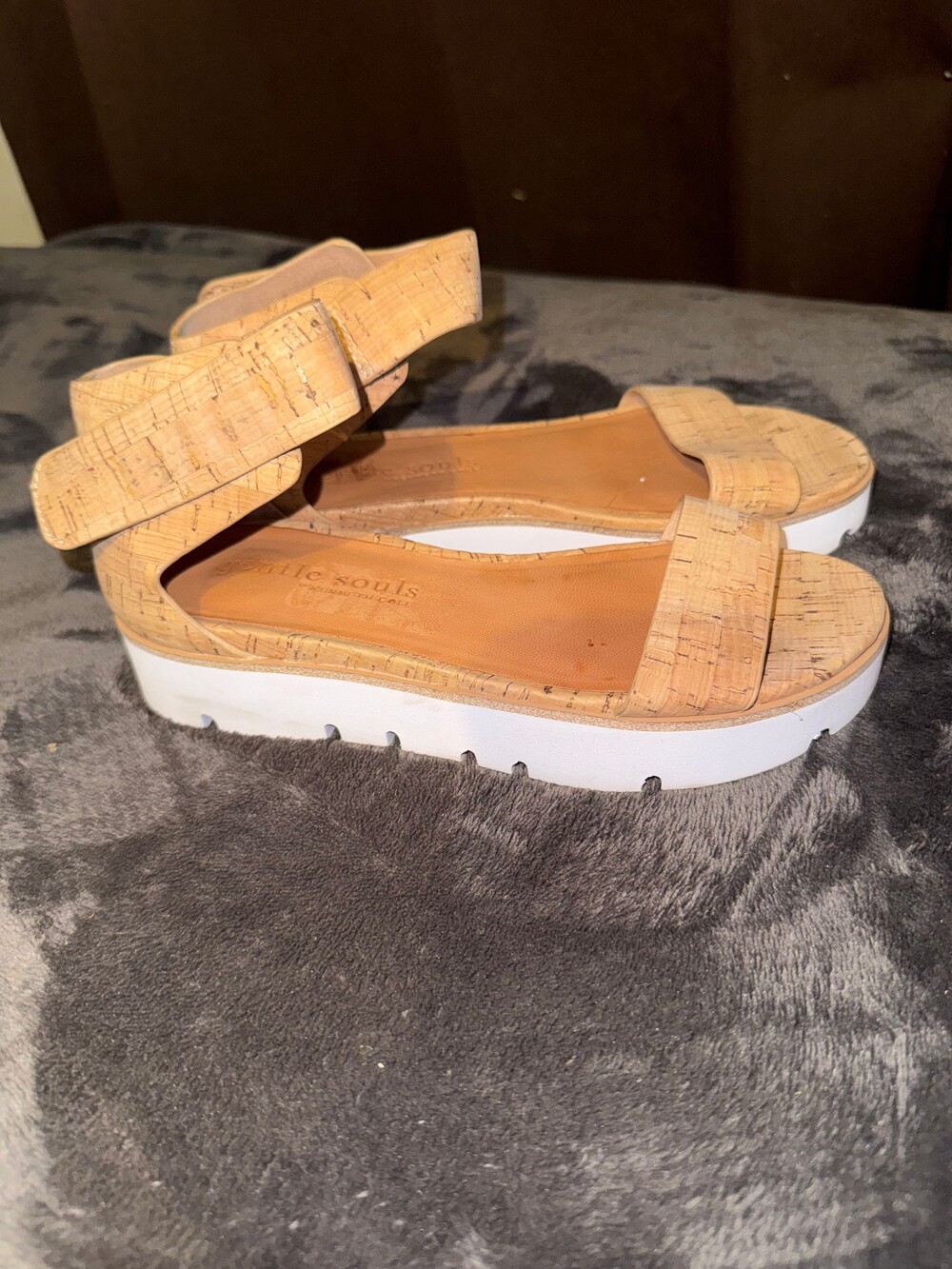 Gentle Souls Cork Sandals Size 6 White Sole Velcro Ankle Strap - Picture 3 of 7